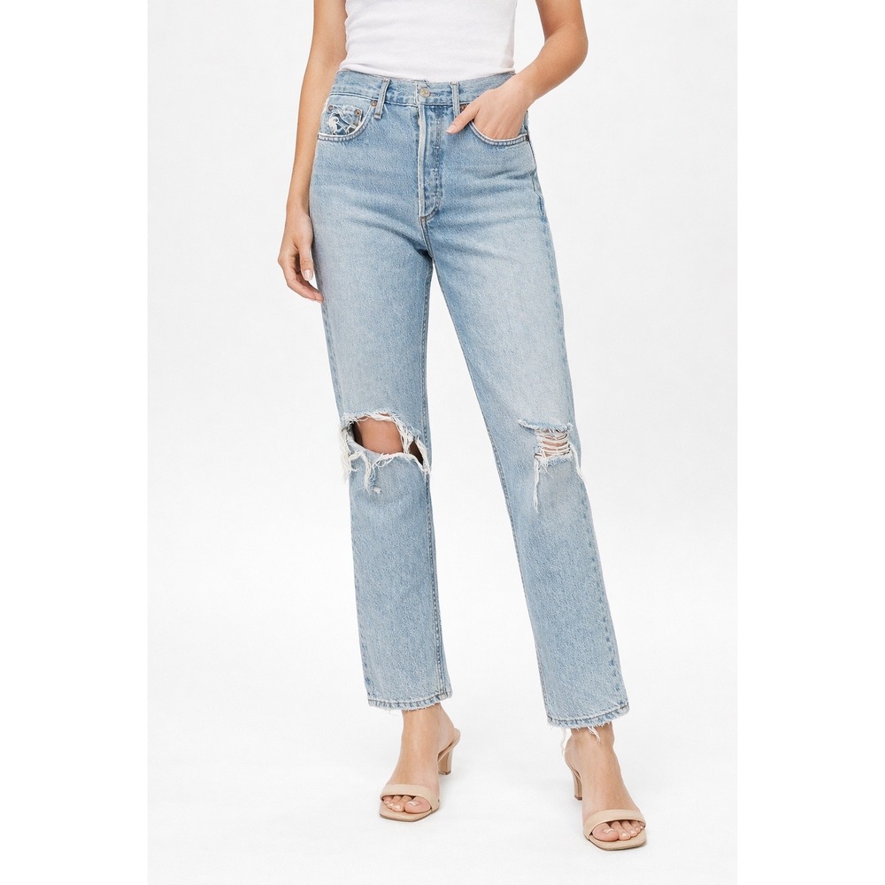 AGOLDE 90s Mid Rise Loose Fit Straight Jeans Light‎ Wash Distressed Ripped 25